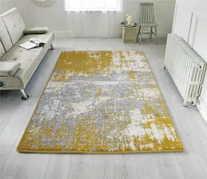 Yellow Ochre Grey Distressed Abstract Living Room Rug 60x110cm