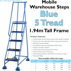 5 Tread Mobile Warehouse Steps BLUE 1.94m Portable Safety Ladder & Wheels