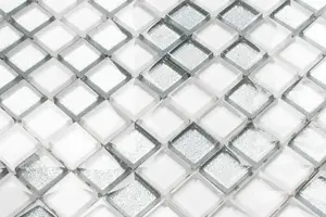 Glass mosaic on mesh for bathroom or kitchen 300mm x 300mm - Silver White