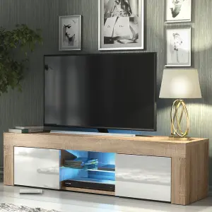 TV Unit 130cm Sideboard Cabinet Cupboard TV Stand Living Room High Gloss Doors - Oak & White