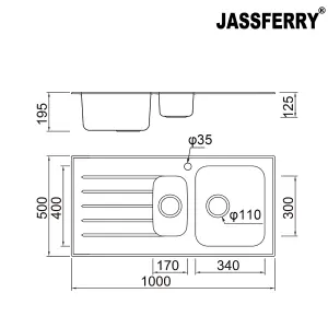 JASSFERRY Glossy Black Glass Top Kitchen Sink Stainless Steel 1.5 Bowl Left Hand Drainer