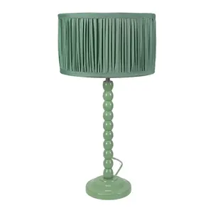 ValueLights Bobbins Sage Green Table Lamp with Ruched Pleated Green Drum Lamp Shade and LED Bulb