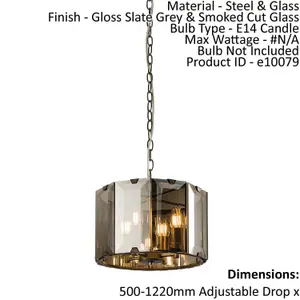 Ceiling Pendant Light Gloss Slate Grey & Smoked Cut Glass 4 x 40W E14