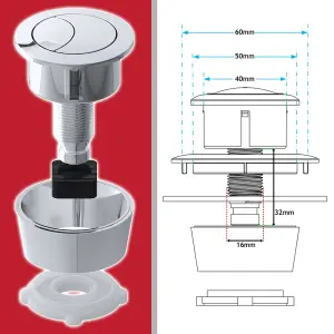 SPARES2GO Universal Toilet Cistern Dual Flush Push Button Kit for 20mm 40mm 50mm 60mm Lid Hole (Chrome Silver)