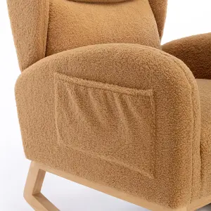 Modern Teddy Fabric Upholstered Rocking Chair Wingback Padded Seat For Living Room Bedroom, Khaki