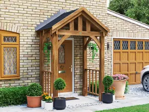 Dunster House Wooden Porch Canopy Kit 2m x 1.5m Pressure Treated Door Shelter with Balustrades - Thunderdam