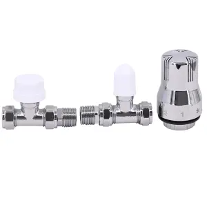 Rinse Bathrooms Thermostatic Radiator Valve 15mm x 1/2" Straight Chrome Rad TRV + Lockshield