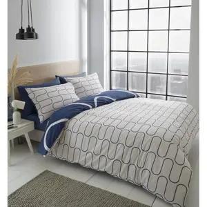 Linear Curve Geometric Reversible Duvet Cover Set with Pillowcases Navy / Double Duvet Cover + 2 Standard Pillowcases