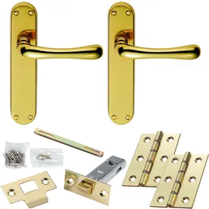 Door Handle & Latch Pack - Polished Brass - Modern Bar Lever On Rounded Backplate