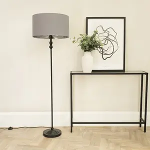 ValueLights Maggie Black Metal Candlestick Floor Lamp with Grey and Metallic Chrome Lamp Shade