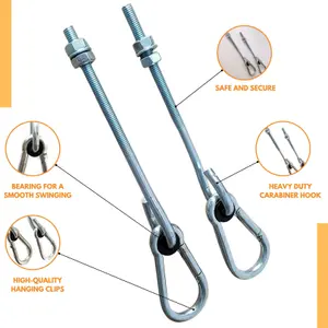 Pair of Galvanized Steel Screw Hooks 150mm Long M10 with Stainless Steel Carabiner, Nuts and Washers - Outdoor Garden Swing Hooks