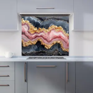 Black And Pink Marble Effect Premium Glass Kitchen Splashback W900mm x H650mm