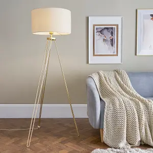 ValueLights Aero Gold Hairpin Design Tripod Floor Lamp with Beige Drum Shade