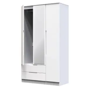 Milan Ready assembled Modern White 2 Drawer Tall Triple Wardrobe With 1 mirror door (H)1970mm (W)1110mm (D)530mm