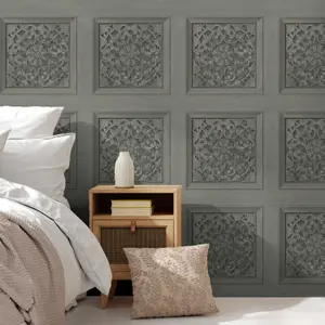 Carved Panel Charcoal Wallpaper