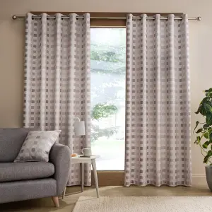 Catherine Lansfield Wilson Check Blackout Thermal 46x54 Inch Eyelet Curtains Two Panels Natural