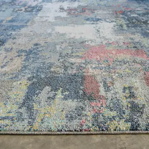 Navy Blue Multicoloured Abstract Distressed Soft Fireside Living Area Rug 60cm x240cm