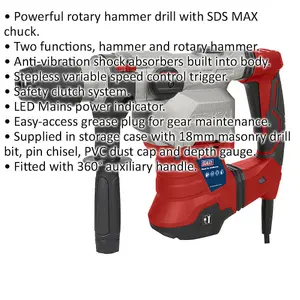 1500W SDS Max Rotary Hammer Drill - Anti-Vibration - Variable Speed Control