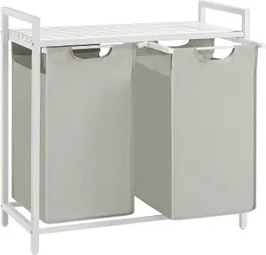 VASAGLE Double-Bin Laundry Hamper, Clothes Basket, Pull-Out Linen Bags, Sorting Rack, Metal Frame, White