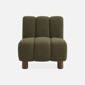 sweeek. Armchair with rounded wooden legs and khaki bouclette fabric