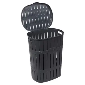 URBNLIVING 65L Anthracite Plastic Bamboo Style Laundry Basket Storage Bin With Handles & Easy Open Lid