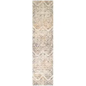 Neutral Beige Distressed Diamond Geometric Soft Runner Rug 60x240cm