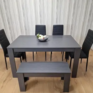 Dining Table and 4 Chairs With a Bench  Black Dark Grey 4 Black Leather Chairs 1 Grey Bench Wood Dining Set Furniture