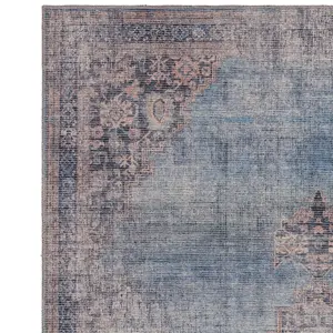 Traditional Blue Persian Bordered Abstract Floral Easy To Clean Rug For Living Room Bedroom & Dining Room-120cm X 170cm