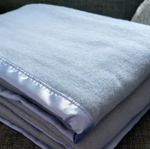 Just So Home Traditional 100% Pure Wool Solid Weave Blanket with Satin Ribbon Trim (Blue, Single)