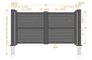 Double Swing Gate 3250x1800mm - Aluminium - Horizontal Solid Infill and Flat Top - Grey