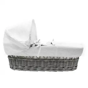 Kinder Valley White Waffle Grey Wicker Moses Basket with Rocking Stand Grey