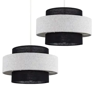 ValueLights Weaver Pair of Modern Ceiling Pendant Light Shades In Black and Grey Herringbone Finish