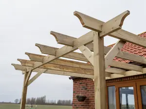 Lean to wooden garden pergola kit - Champion design wall mounted gazebo, 4.2m x 4.8m (Rustic brown finish)