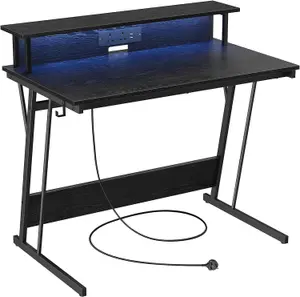 VASAGLE Gaming Desk with LED Lights and Built-In Power Outlets, Computer Desk with Monitor Shelf, Gaming Table, Ebony Black