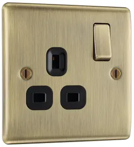 BG Antique Brass Single 13A Switched Socket & Black inserts