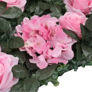 Artificial Flower Wall Backdrop Panel, 60cm x 40cm, Pink Roses with Leaves