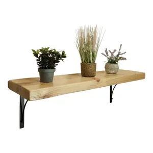 Solid Wood Handmade Rustical Shelf Primed 175mm 7 inch with Black Metal Bracket BOW Length of 190cm