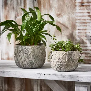 Set of 2 Grey Leaf Embossed Small & Large Flower Planter Indoor Outdoor Plant Pot