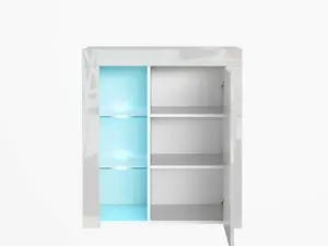 Glass Display Cabinet Compact Bookcase Shelf Unit RGB LEDs WHITE High Gloss Lily