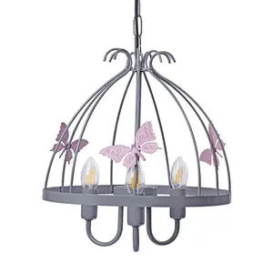 Milagro Kago Pink/Grey Pendant Lamp Beautiful Hand Made Ceiling Light With A Butterfly Theme In Modern Grey And Baby Pink