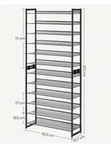 SONGMICS  Shoe Rack, 12-Tier Stackable Shoe Storage Shelf, Metal Shoe Organiser With Adjustable Flat Or Angled Shelve