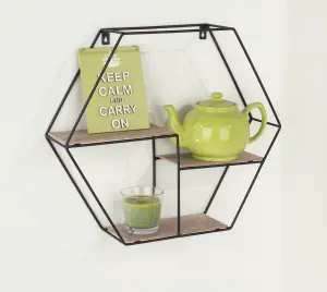 Loft hexagonal display wall shelf - black metal and wood effect