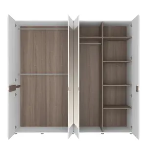 Chelsea 4 Door Wardrobe with mirrors and Internal shelving in White with Oak Trim