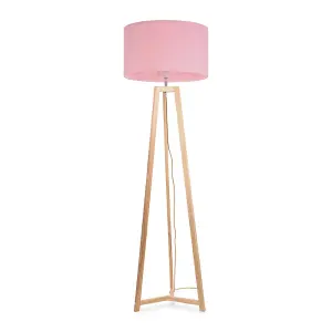 ValueLights Lottie Natural Wood Tripod Floor Lamp with Blush Pink Drum Shade - LED Bulb Included