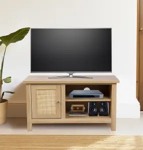 Hallowood Furniture Newquay Oak Effect Small TV Stand with Real Rattan Front