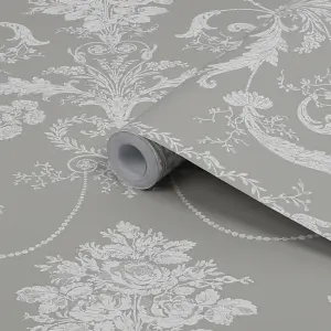 Laura Ashley Josette Steel Damask Smooth Wallpaper Sample