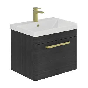 Emery Textured Black Wall Hung Bathroom Vanity Unit & Basin Set with Gold Handles (W)60cm (H)46cm