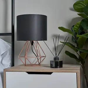 ValueLights Angus Modern Copper Metal Basket Cage Bed Side Table Lamp with Black Fabric Shade with LED Golfball Bulb In Warm White