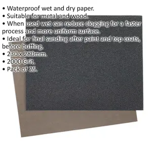 25 Pack Waterproof Wet & Dry Sandpaper - 230 x 280mm - 2000 Grit for Metal and Wood