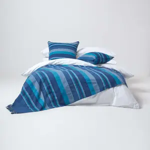 Homescapes Cotton Morocco Striped Blue Throw, 150 x 200 cm